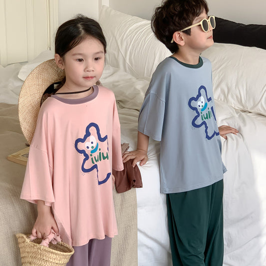 【D3051920】夏季款 兒童家居服睡衣套裝 純棉卡通可愛撞色睡衣兩件套親膚空調服-3色