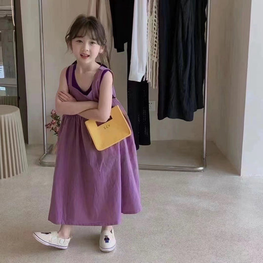 【D2023X12】夏季 兒童兩件套 女童紫色背心+連身洋裝裙套裝