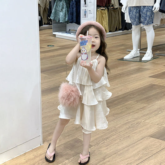 【D3072509】夏季款 兒童甜美氣質連身洋裝 高級感荷葉邊蛋糕吊帶背心裙