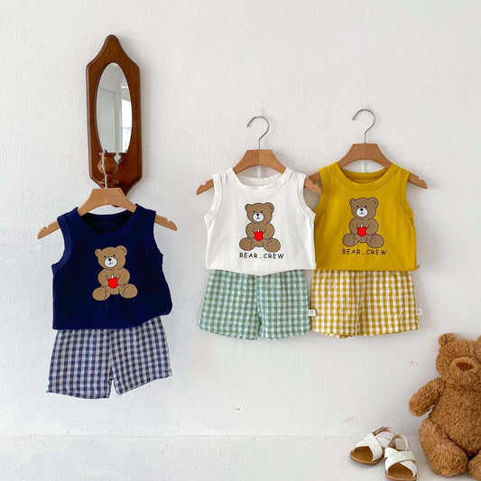 【K4031214】夏季款 嬰幼兒童套裝 薄款無袖背心卡通小熊印花套裝 兩件套-3色