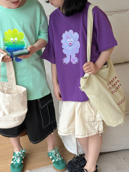 【D4040920】夏季款 兒童T恤 卡通印花五分袖上衣 圓領寬鬆短袖T-2色