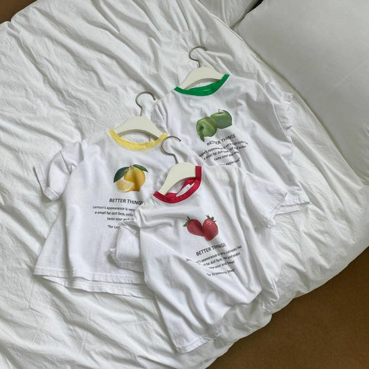 【S3062730】夏季款 嬰幼兒童短袖T恤 水果印花休閒舒适纯棉白T-3色