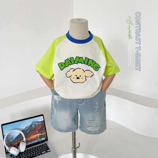 【D4031910】夏季款 兒童短袖T恤 撞色字母短袖男女童可愛小狗上衣