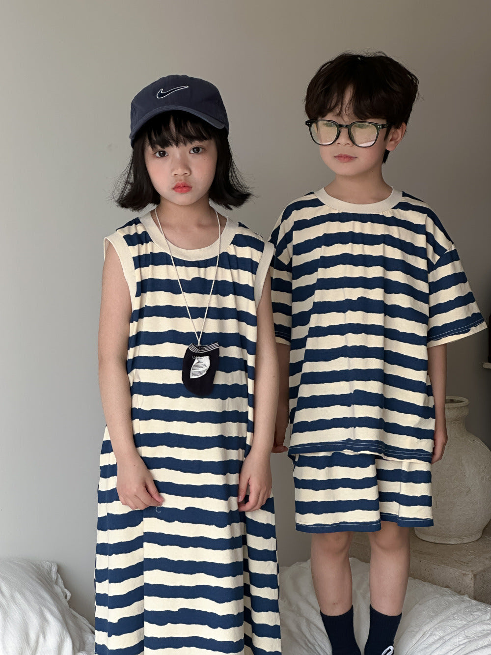 【D4040915】夏季款 兒童套裝 條紋背心連身洋裝 短袖短褲兩件套 兄妹裝-2款