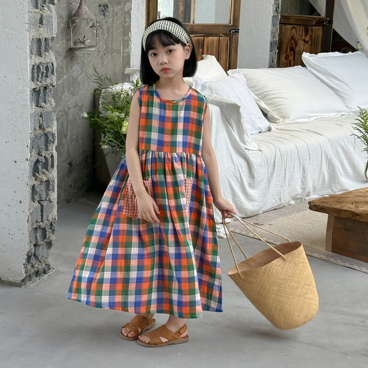 【D4043010】夏季款 兒童洋裝 童裙 格子吊帶背心裙 甜美寬鬆公主裙