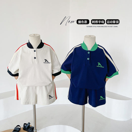 【D4031915】夏季款 兒童套裝 高級撞色運動套裝男童刺繡字母款兩件套-2色