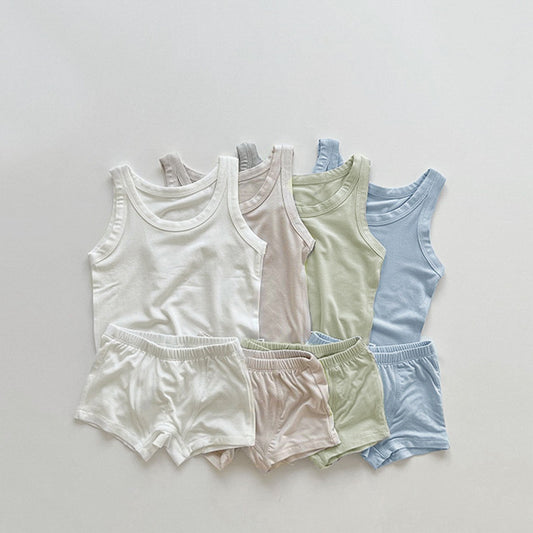 【K4040222】夏季款 嬰幼兒童家居服 =莫代爾背心+短褲套裝 薄款透氣背心兩件套-4色