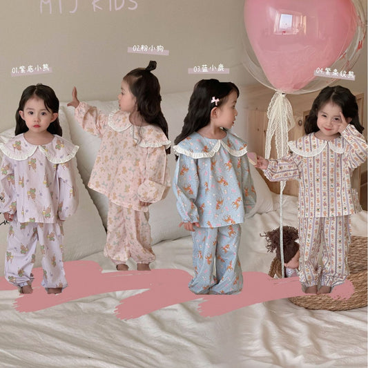 【D4011901】春季款 兒童家居服睡衣 純棉印花翻領襯衫 長袖兒童家居服套裝寶寶可愛兩件套-多色