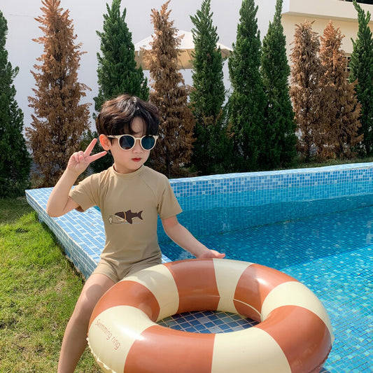【S3050520】夏季款 嬰幼兒童泳衣+帽 游泳套裝小貓鯊魚連身溫泉泳裝-2色