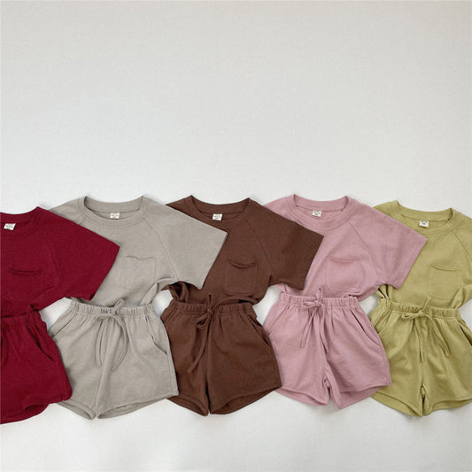 【S4022315】夏季款 嬰幼兒童家居服睡衣 短袖套裝 素色休閒短褲兩件套-5色