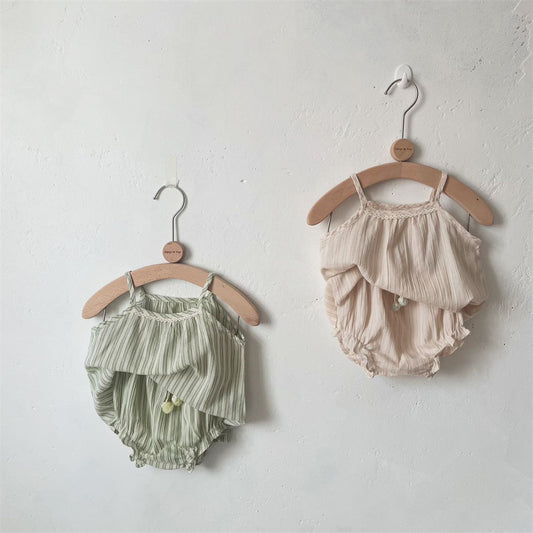 【K4040506】夏季款 嬰幼兒童套裝 條紋吊帶短褲套裝 清新花邊兩件套-2色