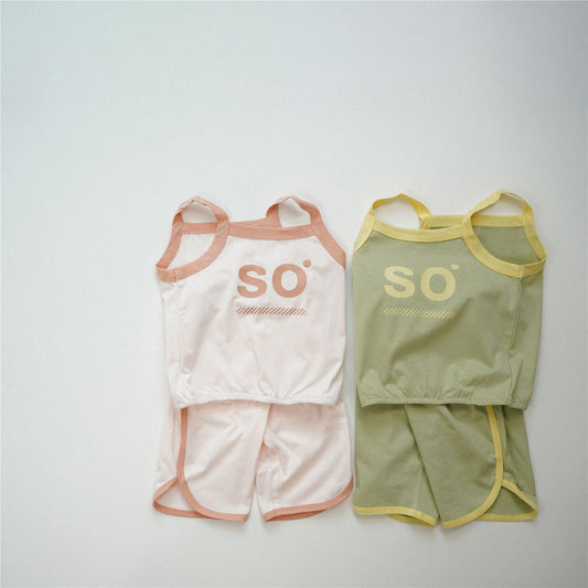 【S4032626】夏季款 兒童無袖套裝 吊帶上衣+五分短褲 兩件套-2色