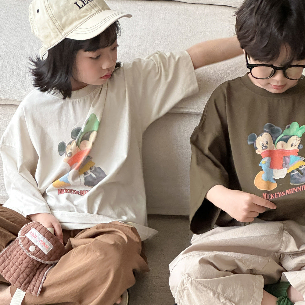 【D4040924】夏季款 兒童T恤 2卡通印花五分袖上衣 寬鬆字母短袖T-2色