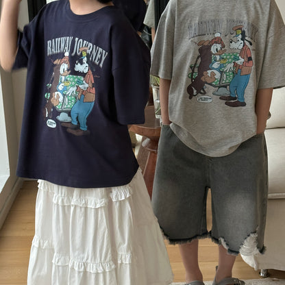 【D4040916】夏季款 兒童T恤 字母卡通印花短袖圓領寬鬆五分袖上衣-2色