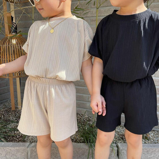 【S3033106】夏季款 (短袖款)嬰幼兒童家居服套裝 空調服冰絲涼涼素色短袖兩件套 姐弟裝-6色