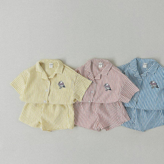 【S3051629】夏季款 兒童短袖套裝 條紋襯衫套裝純棉刺繡翻領外穿襯衣套裝-3色