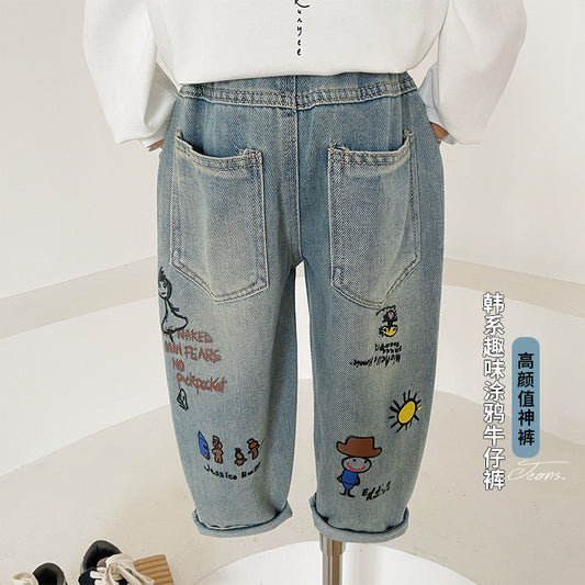 【D4031913】夏季款 兒童牛仔褲 卡通塗鴉復古牛仔褲男童薄款長褲