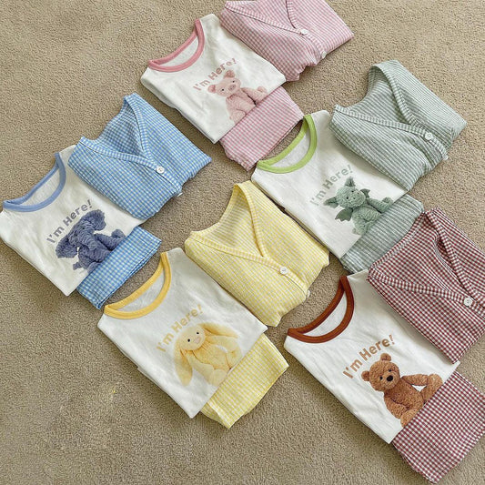 【S3033111】夏季款 嬰幼兒童套裝 卡通短袖T恤+格子短褲兩件套 兄妹裝-5色