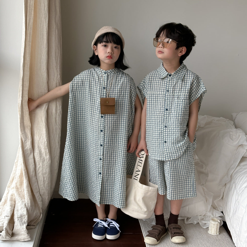 【D4040922】夏季款 兒童套裝 洋裝 短袖短褲兩件套 寬鬆格子連身洋裝 兄妹裝-2款