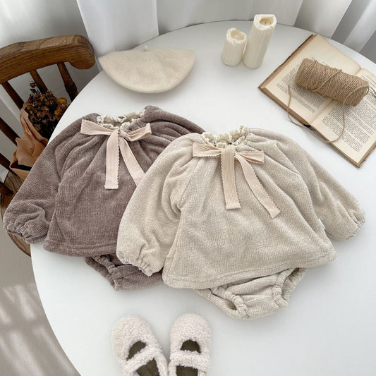 【K3122205】秋冬款 嬰幼兒套裝 雙層加絨 套頭套裝蝴蝶結套裝上衣+褲子-2色