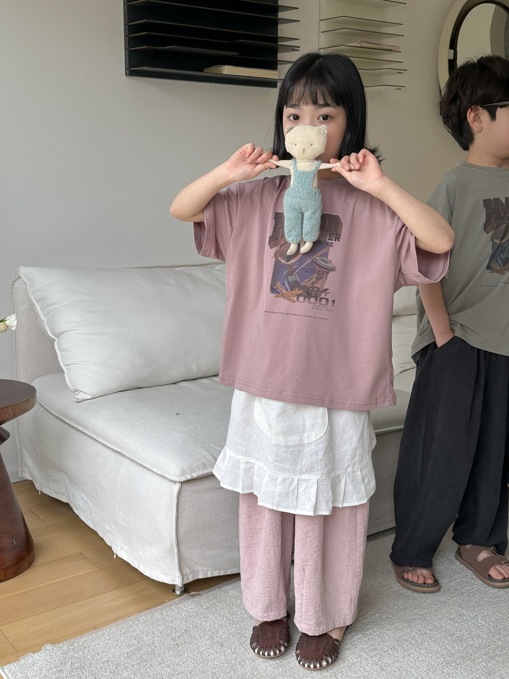 【D4040921】夏季款 兒童T恤 卡通字母印花短袖圓領休閒五分袖上衣-2色