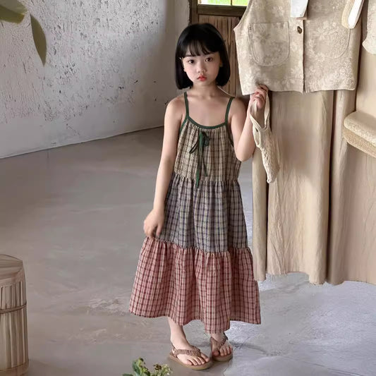 【D4043002】夏季款 兒童洋裝 童裙 格子拼接連身洋裝裙 休閒寬鬆弔帶裙