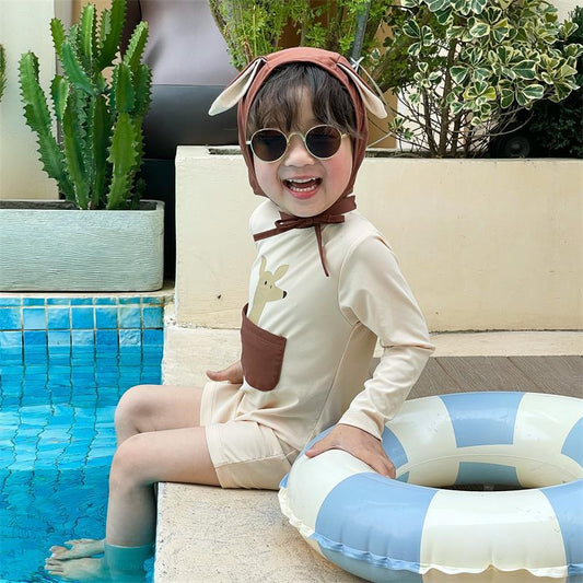 【S3050513】夏季款 嬰幼兒童泳衣 連身卡通泳裝韓寶寶長袖可愛袋鼠口袋泳衣