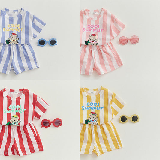 【S4042611】夏季款 兒童套裝 可愛條紋短袖套裝 純棉 運動短褲兩件套-4色