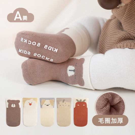 【Y3120509】嬰幼兒童襪子 嬰兒襪子加厚毛圈無骨鬆口學步防滑寶寶中筒襪子-5色