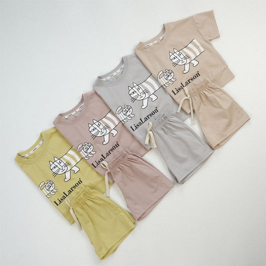 【S4042602】夏季款 兒童套裝 休閒兩件套 純棉 貓咪 圓領上衣+短褲 兩件套-4色