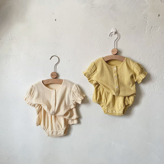 【K4040503】夏季款 嬰幼兒童套裝 鏤空純色短袖開衫短褲套裝 居家休閒兩件套-2色