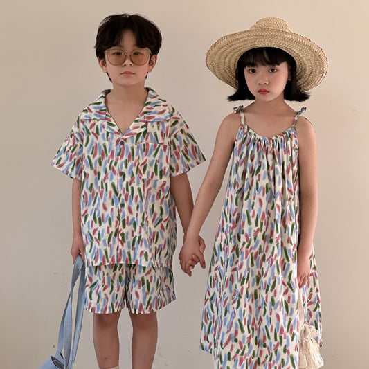 【D4043008】夏季款 兄妹裝 兒童洋裝 套裝 滿印塗鴉連身裙 短袖短褲兩件套-2款