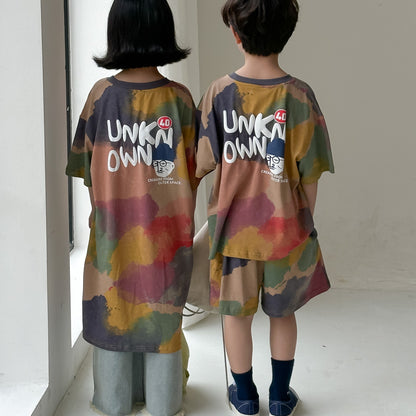 【D4040918】夏季款 兒童套裝 字母塗鴉長款T恤洋裝裙 短袖短褲兩件套-2款