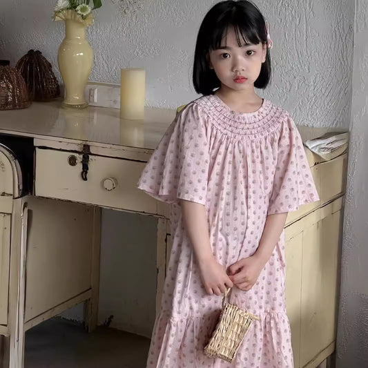 【D4043004】夏季款 兒童洋裝 童裙 素色長款公主裙 休閒短袖連身裙
