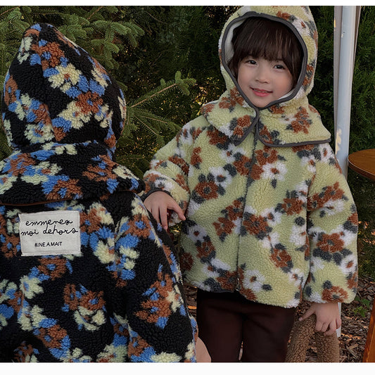 【D3121910】秋冬款 嬰幼兒童外套 提花加絨毛外套 花朵毛絨拉鏈外套夾克-2色