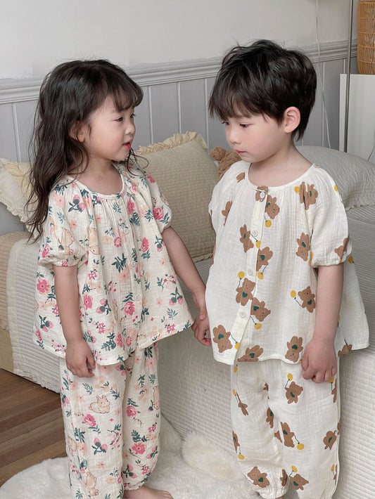 【D3060226】夏季款 兒童短袖家居服睡衣套裝卡通可愛紗布睡衣兩件套-多色