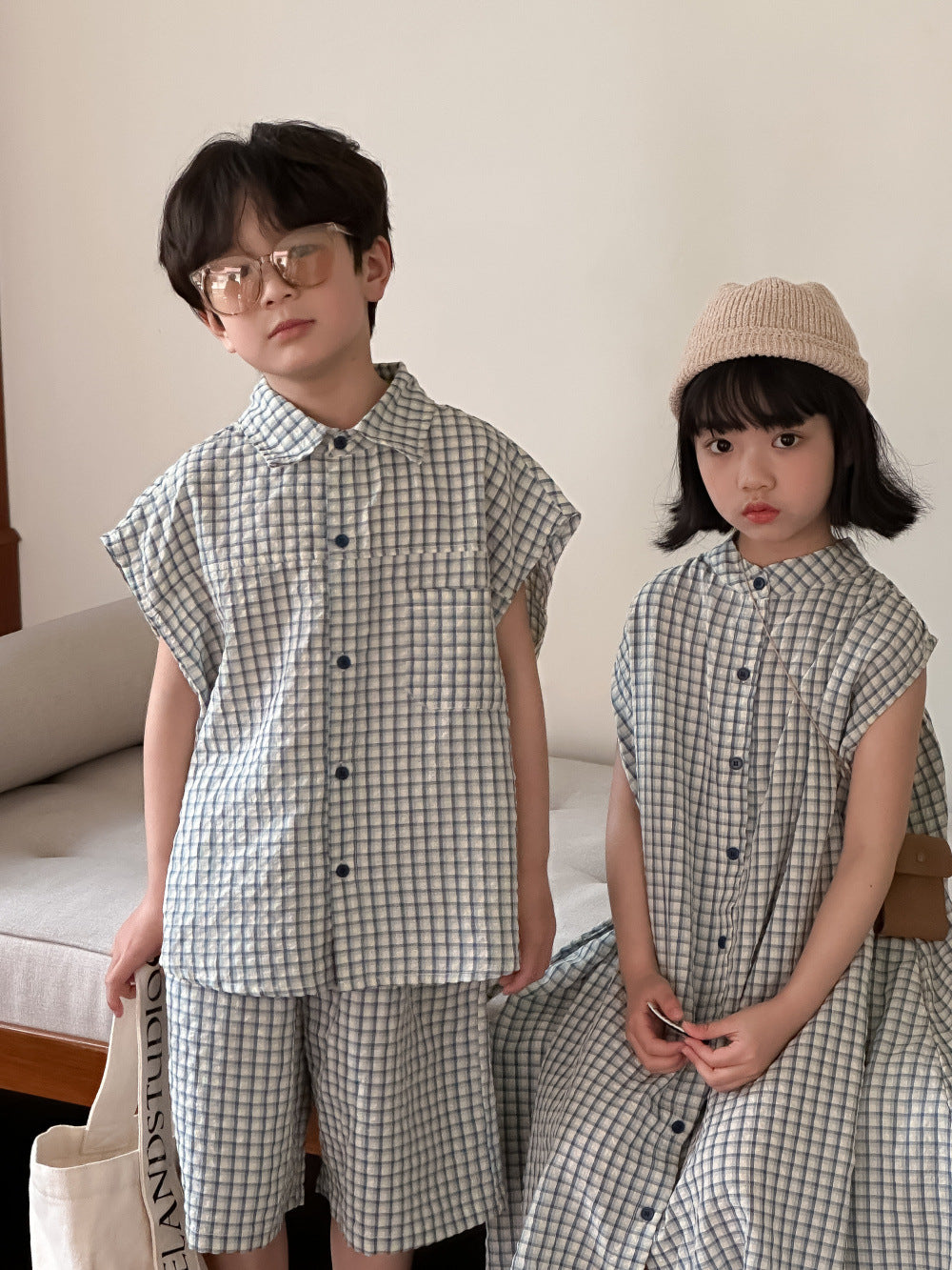 【D4040922】夏季款 兒童套裝 洋裝 短袖短褲兩件套 寬鬆格子連身洋裝 兄妹裝-2款