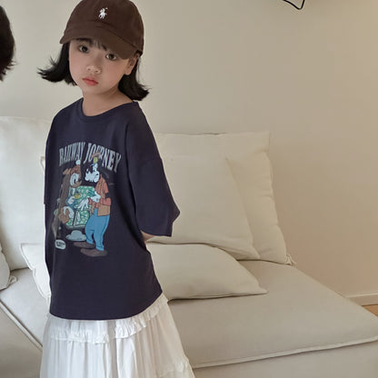 【D4040916】夏季款 兒童T恤 字母卡通印花短袖圓領寬鬆五分袖上衣-2色