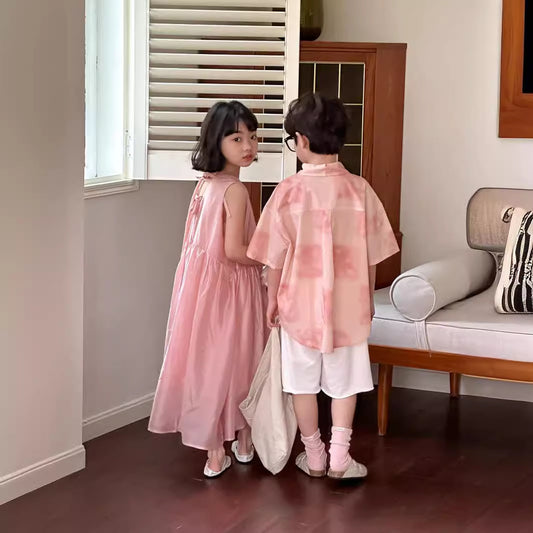 【D4040901】夏季款 兒童套裝 粉色繫帶背心連衣裙洋裝 兒童短袖短褲兩件套-2款