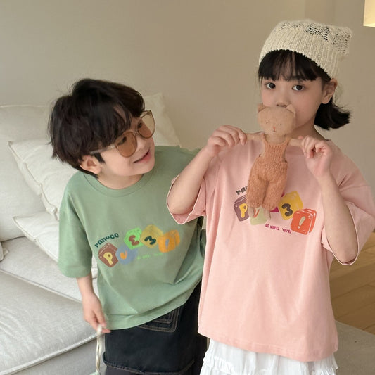 【D4040914】夏季款 兒童T恤 字母方塊五分袖上衣 兒童休閒圓領寬鬆短袖T-2色
