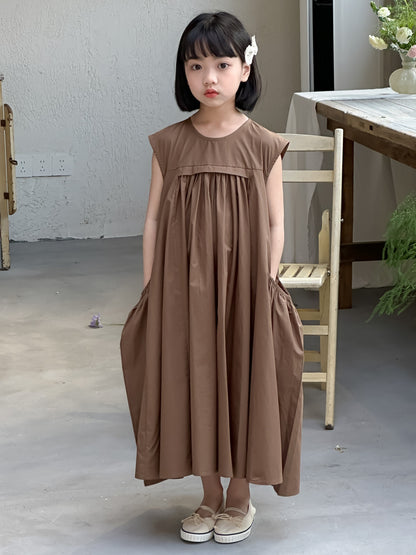 【D4040925】夏季款 兒童洋裝 素色大口袋吊帶裙 兒童休閒中長款寬鬆連身裙-2色