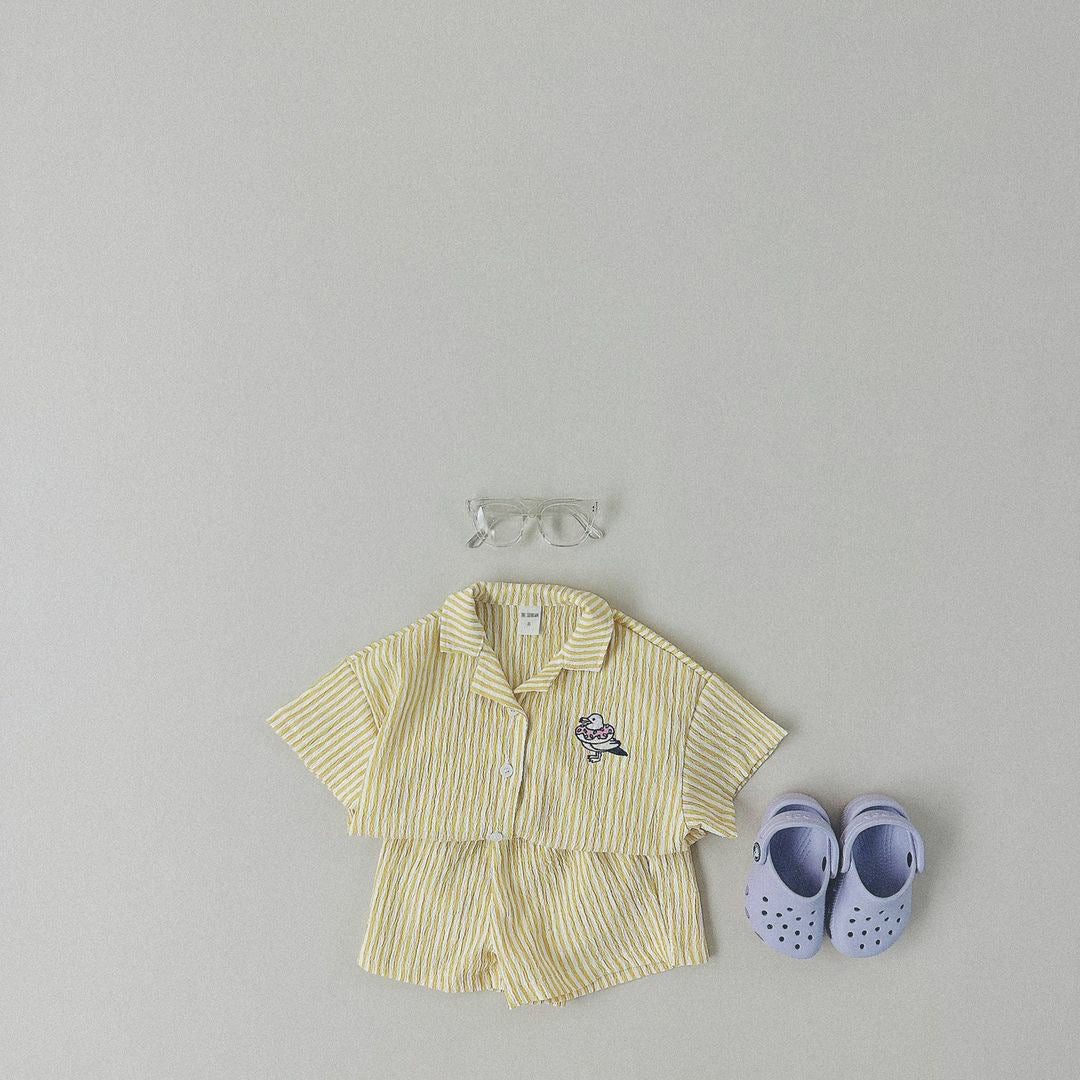 【S3051629】夏季款 兒童短袖套裝 條紋襯衫套裝純棉刺繡翻領外穿襯衣套裝-3色
