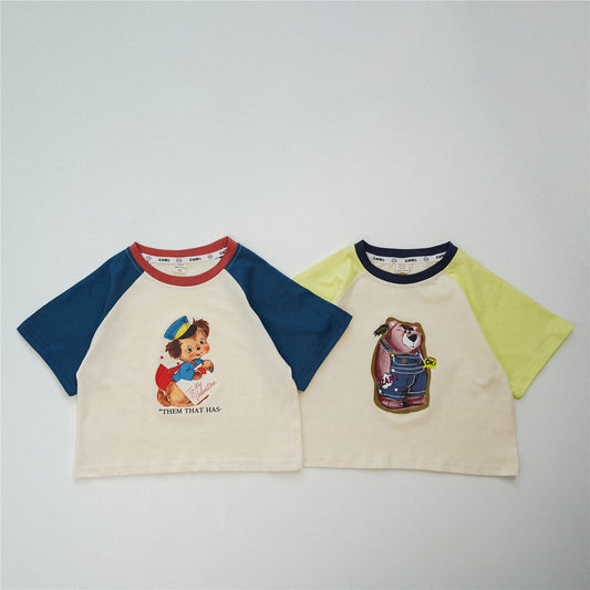 【S4032621】夏季款 兒童短袖T恤 插肩袖寬鬆短袖純棉半袖上衣-2色