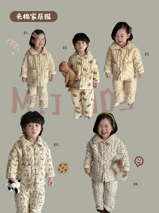 【D3120120】秋冬款 兒童家居服套裝 三層夾棉加厚卡通睡衣 保暖兩件套-5色