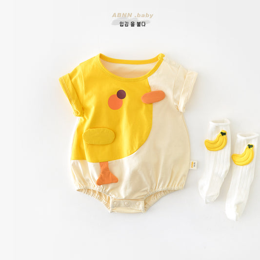 【K3033107】夏季款 嬰幼兒童包屁衣 短袖薄款卡通貼布拼接爬服