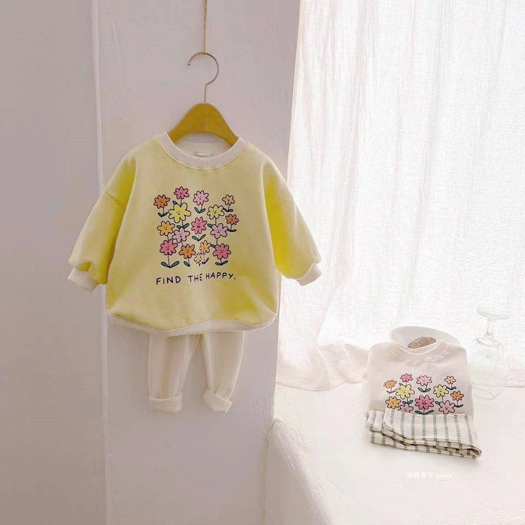 【K2092004】秋季款 嬰幼兒棉柔花朵T恤+內搭褲套裝-2色