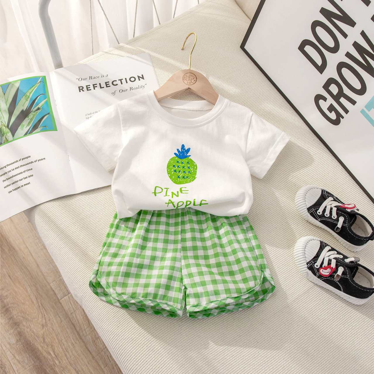 【S3041415】特賣款 夏季 嬰幼兒童套裝 薄款T恤短袖套裝水果格子兩件套-5色