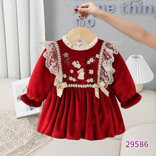 【K2112204】秋冬款 紅絲絨兒童加絨拜年禮服連身洋裝