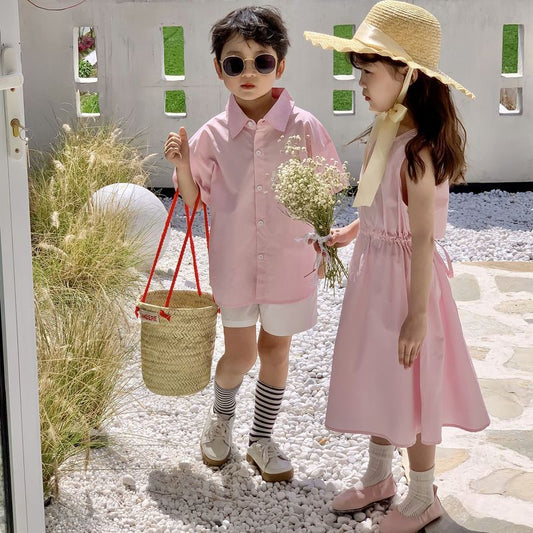 【D2022X12】夏季 兒童連身洋裝 襯衫套裝兩件套 兄妹裝-2款