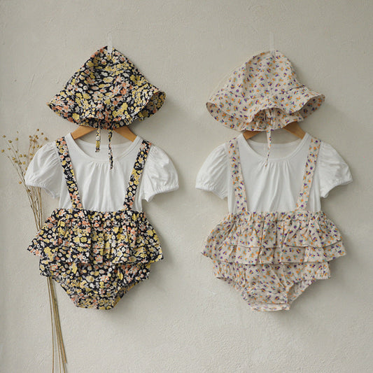 【DY9217】夏季款 嬰幼兒童小碎花假兩件短袖連身包屁衣套裝-2色